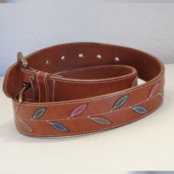Vintage GAP Leather Leaf Inlay Belt, Saddle Brown, Brass Buckle, Medium, EUC - Picture 2 of 14